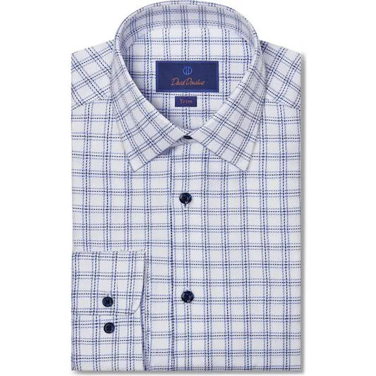 Trim Cotton Plaid Dress Shirt in Blue and White