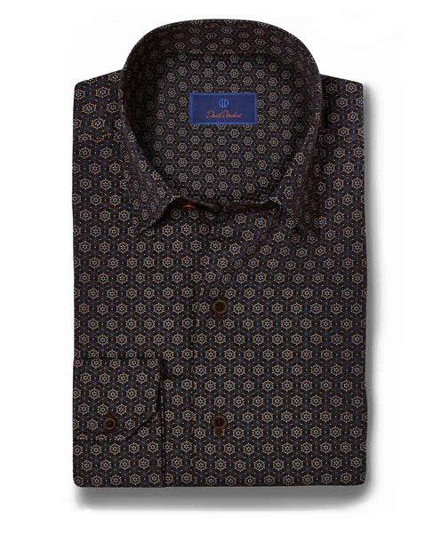 Casual Fit Print Hidden Button Down Shirt in Chocolate Multi