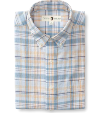 Kinston Linen/Cotton Oxford Plaid Shirt in Sky Blue