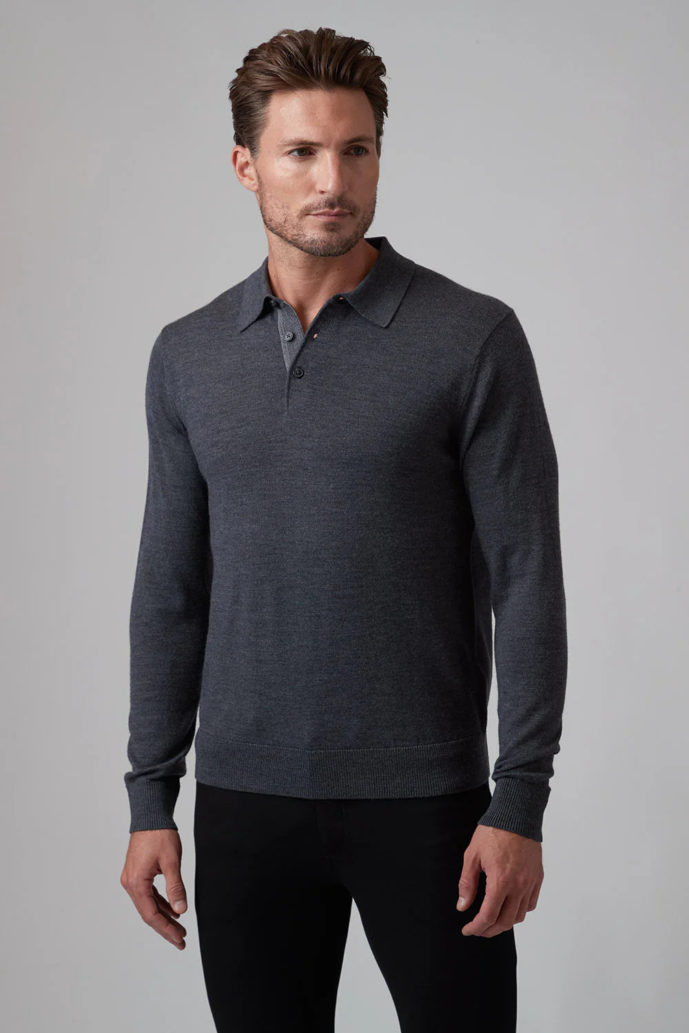 Merino 3 Button Polo Sweater in Charcoal