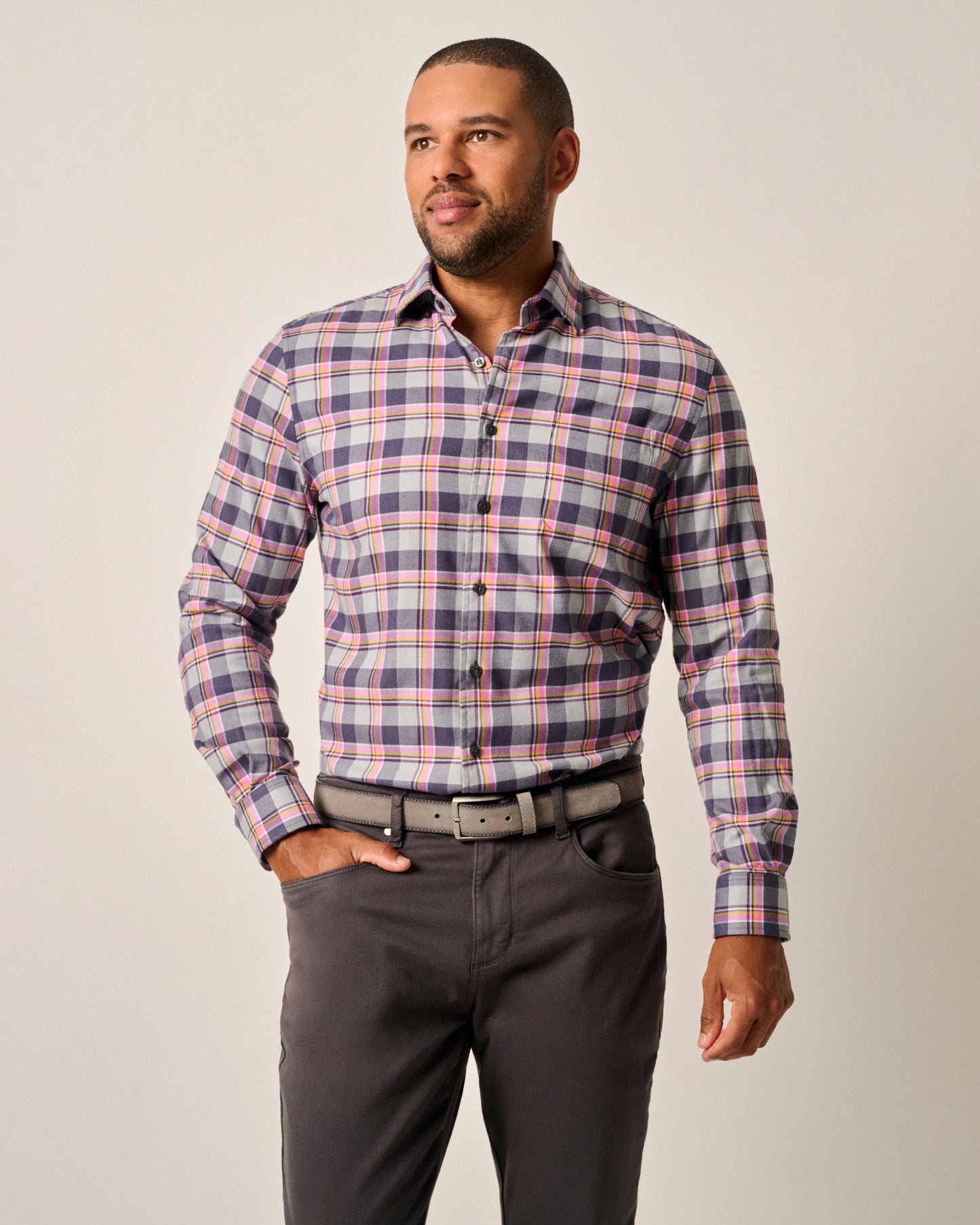 Hansel Plaid Hidden Button Down Shirt in Navy