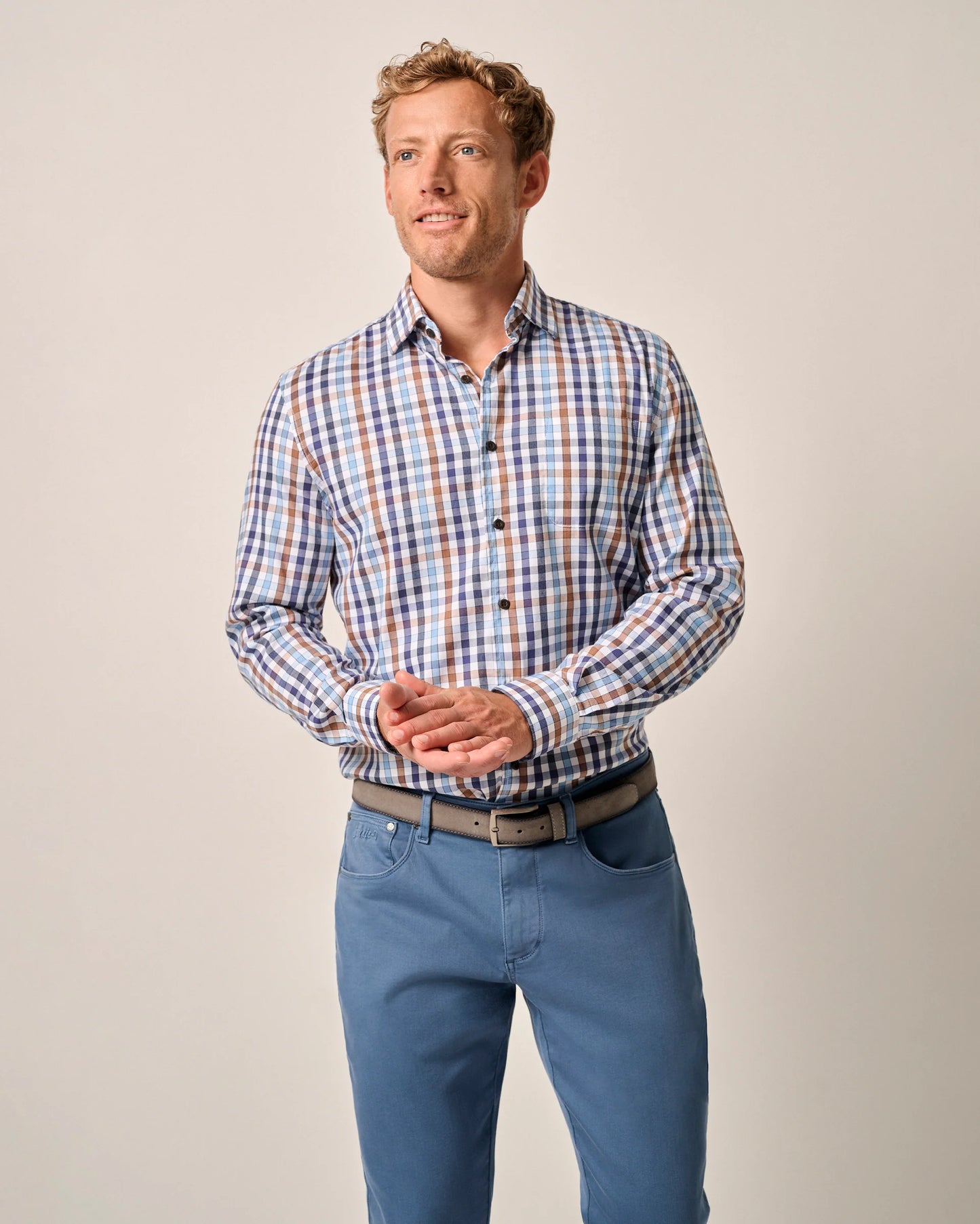 Dartmouth Hidden Button Down Plaid Shirt in Laguna Blue