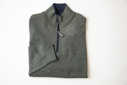 Carmel Qtr Zip Contrast Trim Merino Sweater in Forest and Navy