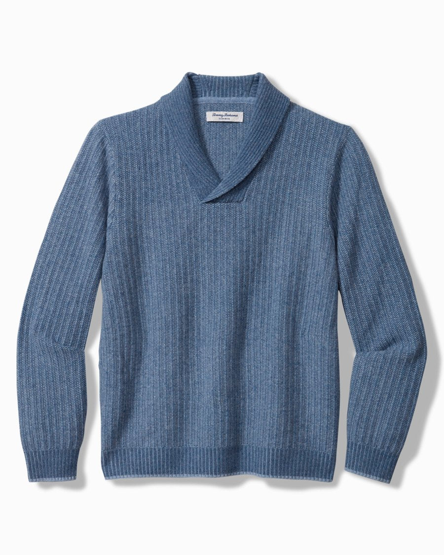 Soundscape Cashmere Shawl Collar Sweater in Baltic Blue