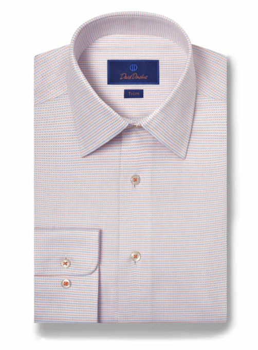 David Donahue Trim Pima Cotton Print Dress Shirt in White and Orange