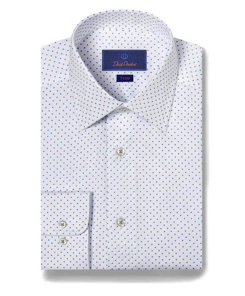 Trim Cotton Print Dress Shirt in White and Blue