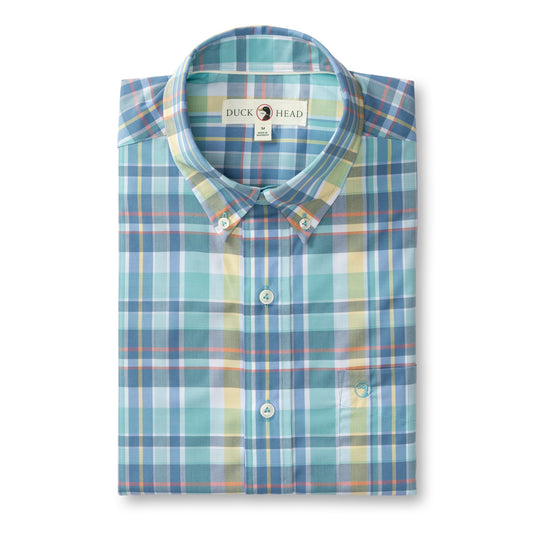 Duck Head Page Plaid Performance Poplin Shirt in Marine Blue