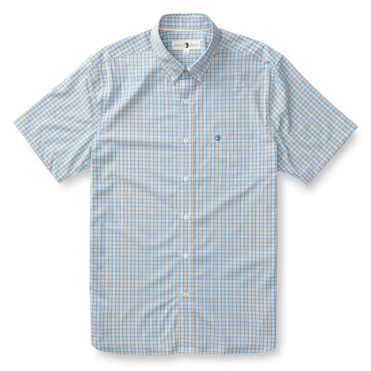 Duck Head Driggs Plaid Performance Poplin Short Sleeve Shirt in Oak Buff