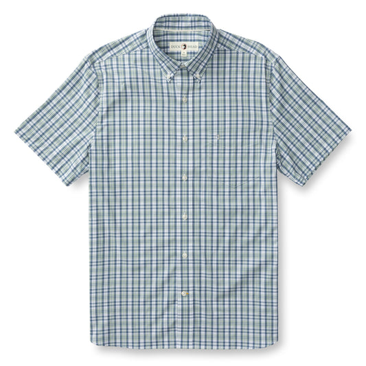 Duck Head Cobble Plaid Performance Poplin Short Sleeve Shirt in Shadow Green