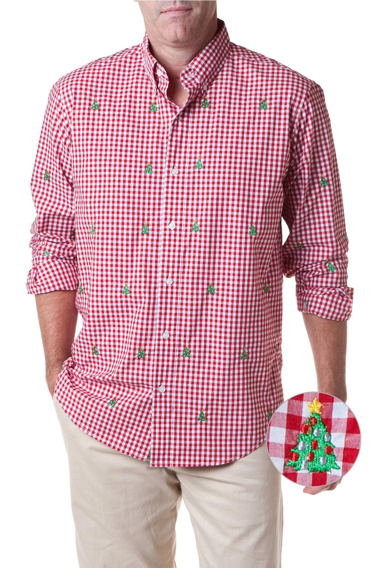 Embroidered Gingham Shirt Chirstmas Trees in Red