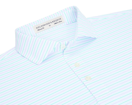 Holderness & Bourne Gibson Stripe Performance Pique Shirt in White/Lavendar/Abaco