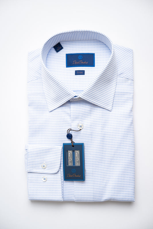 Trim Fit Cotton Textured Dress Shirt in White and Blue