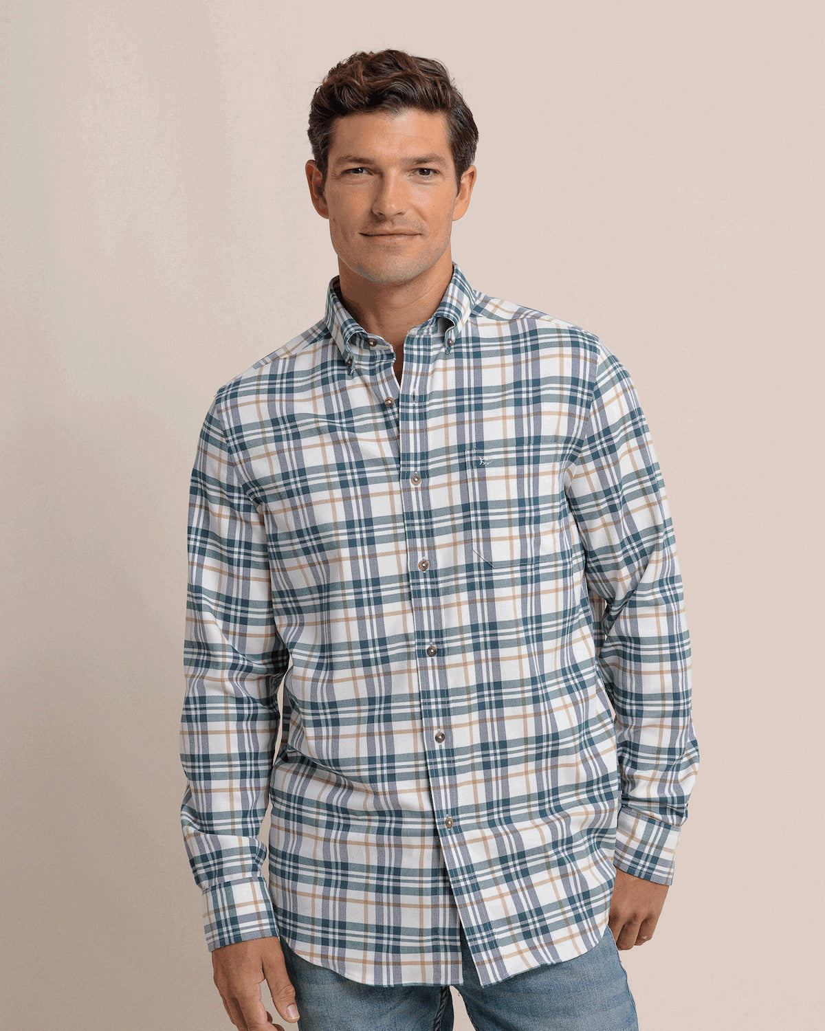 Sandbridge Plaid Flannel Intercoastal Shirt in Oatmeal